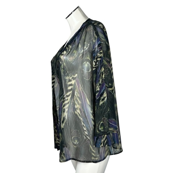 TRAVELSMITH Semi Sheer Open Front Peacock Feather Print Cardigan Women's Size 1X - Picture 5 of 16